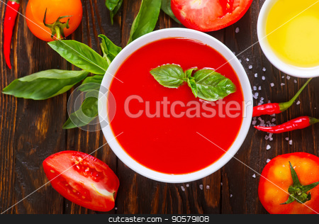 To use this stock image in your creative project, please select the size you need over to the right and click the "Add to Cart" button.
Your downloaded image will come with the Cutcaster watermark removed so don’t worry about the watermark you see on this page. tomato soup stock photo, tomato soup in bowl and on a table by tycoon