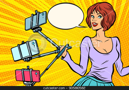 To use this stock image in your creative project, please select the size you need over to the right and click the "Add to Cart" button.
Your downloaded image will come with the Cutcaster watermark removed so don’t worry about the watermark you see on this page. selfie stick woman stock vector clipart, selfie stick woman. Pop art retro vector illustration by studiostoks