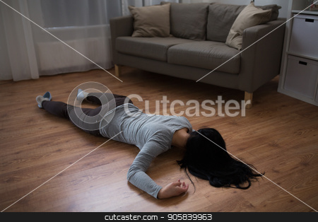 Dead Woman Body Lying On Floor At Crime Scene Stock Photo