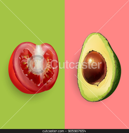 To use this stock image in your creative project, please select the size you need over to the right and click the "Add to Cart" button.
Your downloaded image will come with the Cutcaster watermark removed so don’t worry about the watermark you see on this page. Avocado and tomato. Vector illustration stock vector clipart, Avocado and tomato on pink and green background. by ConceptCafe