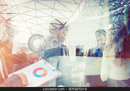 To use this stock image in your creative project, please select the size you need over to the right and click the "Add to Cart" button.
Your downloaded image will come with the Cutcaster watermark removed so don’t worry about the watermark you see on this page. Handshaking business person in office. concept of teamwork and partnership. double exposure stock photo, Business people working together in office with internet network effects. Concept of teamwork and partnership. double exposure by Federico Caputo