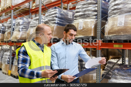 To use this stock image in your creative project, please select the size you need over to the right and click the "Add to Cart" button.
Your downloaded image will come with the Cutcaster watermark removed so don’t worry about the watermark you see on this page. worker and businessman with clipboard at warehouse stock photo, wholesale, logistic business and people concept - manual worker and businessman with clipboards at warehouse by Syda Productions
