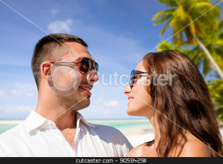 To use this stock image in your creative project, please select the size you need over to the right and click the "Add to Cart" button.
Your downloaded image will come with the Cutcaster watermark removed so don’t worry about the watermark you see on this page. happy couple in sunglasses over tropical beach stock photo, travel, tourism and summer vacation concept - happy smiling couple in sunglasses over tropical beach background in french polynesia by Syda Productions