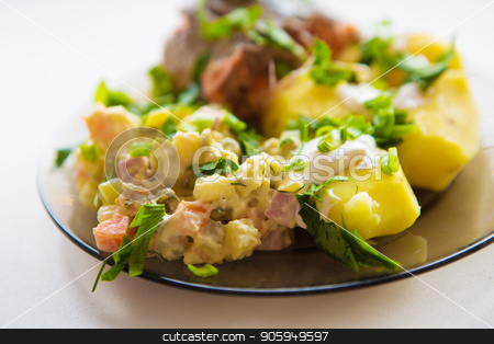 To use this stock image in your creative project, please select the size you need over to the right and click the "Add to Cart" button.
Your downloaded image will come with the Cutcaster watermark removed so don’t worry about the watermark you see on this page. Fried meat with potato salad, greens seasoning white sauce, on a white plate. Clipping path. stock photo, Fried meat with potato salad, greens seasoning white sauce, on a white plate. Clipping path. by aaalll3110