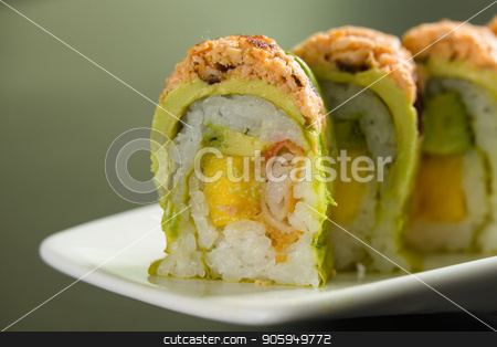 To use this stock image in your creative project, please select the size you need over to the right and click the "Add to Cart" button.
Your downloaded image will come with the Cutcaster watermark removed so don’t worry about the watermark you see on this page. Sushi on a white plate stock photo, Close up of sushi on a white plate by Shane Maritch