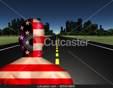 To use this stock image in your creative project, please select the size you need over to the right and click the "Add to Cart" button.
Your downloaded image will come with the Cutcaster watermark removed so don’t worry about the watermark you see on this page. Man on a Road to city stock photo, Man in US national colors on a road to the night city. by Bruce Rolff