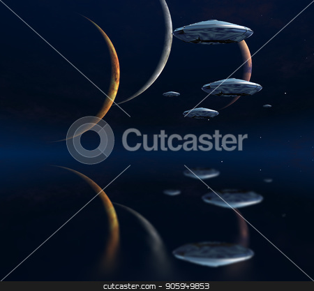 To use this stock image in your creative project, please select the size you need over to the right and click the "Add to Cart" button.
Your downloaded image will come with the Cutcaster watermark removed so don’t worry about the watermark you see on this page. Three moons stock photo, Three moons and spaceships in blue deep space. by Bruce Rolff