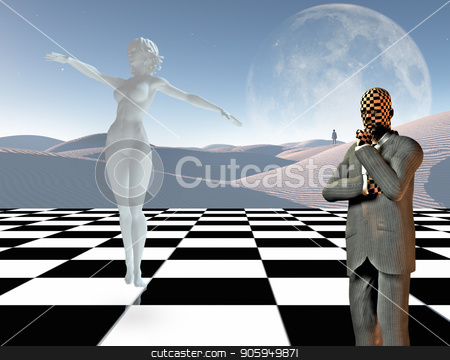 To use this stock image in your creative project, please select the size you need over to the right and click the "Add to Cart" button.
Your downloaded image will come with the Cutcaster watermark removed so don’t worry about the watermark you see on this page. Graceful thoughts stock photo, Surrealism. Businessman stands on chessboard. Woman's statue made of white stone. Lonely man in a distance. 3D rendering by Bruce Rolff