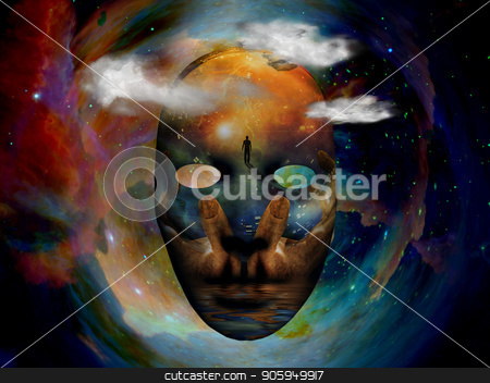To use this stock image in your creative project, please select the size you need over to the right and click the "Add to Cart" button.
Your downloaded image will come with the Cutcaster watermark removed so don’t worry about the watermark you see on this page. Mask in Space stock photo, Mask with the image of man, hands of a prayer and seashore. Colorful universe on background. by Bruce Rolff