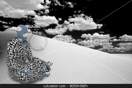 To use this stock image in your creative project, please select the size you need over to the right and click the "Add to Cart" button.
Your downloaded image will come with the Cutcaster watermark removed so don’t worry about the watermark you see on this page. White Desert Zen stock photo, Surrealism. Figure of man in suit with maze pattern sits in lotus pose in white desert. by Bruce Rolff