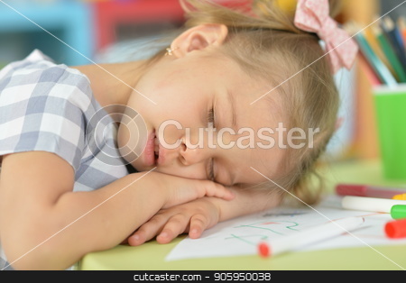 To use this stock image in your creative project, please select the size you need over to the right and click the "Add to Cart" button.
Your downloaded image will come with the Cutcaster watermark removed so don’t worry about the watermark you see on this page. cute little girl sleeping stock photo, cute little girl sleeping while sitting at table in her room by Ruslan Huzau