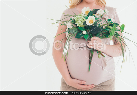 To use this stock image in your creative project, please select the size you need over to the right and click the "Add to Cart" button.
Your downloaded image will come with the Cutcaster watermark removed so don’t worry about the watermark you see on this page. Pregnant woman in long dress with flowers on white background stock photo, Pregnant woman in long dress with flowers on white background by aaalll3110