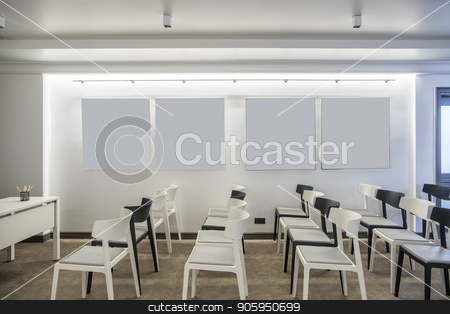 To use this stock image in your creative project, please select the size you need over to the right and click the "Add to Cart" button.
Your downloaded image will come with the Cutcaster watermark removed so don’t worry about the watermark you see on this page. Modern conference hall stock photo, Contemporary conference hall with white walls. There are many light and dark chairs, table, luminous lamps, door. Horizontal. by bezikus