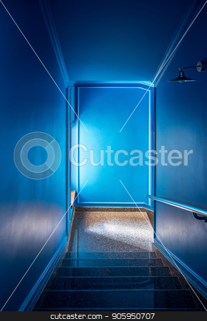 To use this stock image in your creative project, please select the size you need over to the right and click the "Add to Cart" button.
Your downloaded image will come with the Cutcaster watermark removed so don’t worry about the watermark you see on this page. Stylish interior in hotel stock photo, Glossy tiled stair with a handrail in the hotel with blue walls. There is a window and a hanging metal lamp on the right wall. Vertical. by bezikus