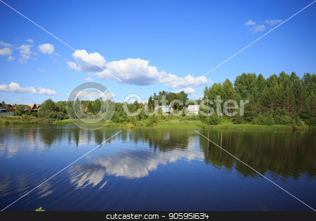To use this stock image in your creative project, please select the size you need over to the right and click the "Add to Cart" button.
Your downloaded image will come with the Cutcaster watermark removed so don’t worry about the watermark you see on this page. Lake reflecting sky with clouds on it flowing through a small village stock photo, Lake reflecting sky with clouds on it flowing through a small village and covering banks with trees, shrubs and plants growing on them by Alfira Poyarkova