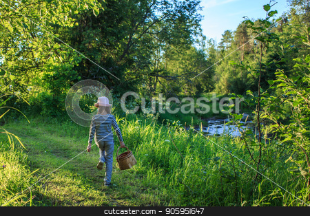 To use this stock image in your creative project, please select the size you need over to the right and click the "Add to Cart" button.
Your downloaded image will come with the Cutcaster watermark removed so don’t worry about the watermark you see on this page. Young girl walking on a path through green woods carrying a basket stock photo, Young girl walking on a path through green woods carrying a birchbark basket by Alfira Poyarkova