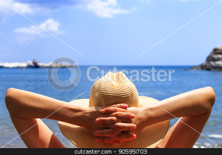 To use this stock image in your creative project, please select the size you need over to the right and click the "Add to Cart" button.
Your downloaded image will come with the Cutcaster watermark removed so don’t worry about the watermark you see on this page. Travel, vocation, holiday concept. Woman in hat is lying on deckchair on beach by sea. stock photo, Travel, vocation, holiday concept. Woman in hat is lying on deckchair on beach by sea. Girl on summer holidays vacation. Hands behind head. by Alfira Poyarkova
