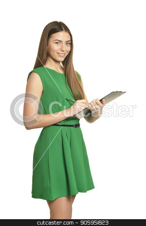 To use this stock image in your creative project, please select the size you need over to the right and click the "Add to Cart" button.
Your downloaded image will come with the Cutcaster watermark removed so don’t worry about the watermark you see on this page. Beautiful woman with clipboard stock photo, Beautiful woman in green dress with clipboard on white background by Ruslan Huzau