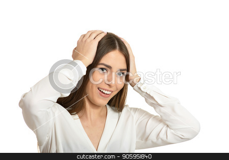 To use this stock image in your creative project, please select the size you need over to the right and click the "Add to Cart" button.
Your downloaded image will come with the Cutcaster watermark removed so don’t worry about the watermark you see on this page. woman in white blouse stock photo, Beautiful woman in white blouse with headache on white background by Ruslan Huzau