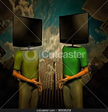 To use this stock image in your creative project, please select the size you need over to the right and click the "Add to Cart" button.
Your downloaded image will come with the Cutcaster watermark removed so don’t worry about the watermark you see on this page. Media Discussion stock photo, Surreal painting. Two men with TV-screens instead of their heads are dicussing. Skyscrapers on a background. by Bruce Rolff