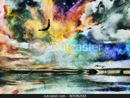 To use this stock image in your creative project, please select the size you need over to the right and click the "Add to Cart" button.
Your downloaded image will come with the Cutcaster watermark removed so don’t worry about the watermark you see on this page. Freedom Sky stock photo, Surreal painting. Eagle flies in vivid sky. by Bruce Rolff