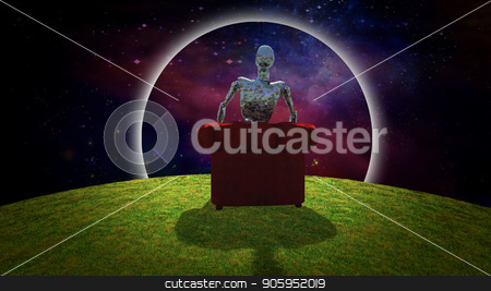 To use this stock image in your creative project, please select the size you need over to the right and click the "Add to Cart" button.
Your downloaded image will come with the Cutcaster watermark removed so don’t worry about the watermark you see on this page. Observing the Universe stock photo, Surreal composition. Rusted alien sits in red armchair and observer vivid universe. 3D rendering by Bruce Rolff