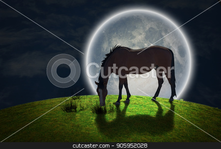 To use this stock image in your creative project, please select the size you need over to the right and click the "Add to Cart" button.
Your downloaded image will come with the Cutcaster watermark removed so don’t worry about the watermark you see on this page. Horse. Full moon stock photo, Surrealism. Horse grazes on greem meadow. Giant moon at the horrizon. Some elements image credit NASA. by Bruce Rolff