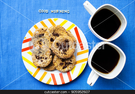 To use this stock image in your creative project, please select the size you need over to the right and click the "Add to Cart" button.
Your downloaded image will come with the Cutcaster watermark removed so don’t worry about the watermark you see on this page. Oatmeal cookies with chocolate on blue napkin and two cups of coffee, good morning inscription stock photo, Oatmeal cookies with chocolate on blue napkin and two cups of coffee, good morning inscription. by Sergiy Artsaba