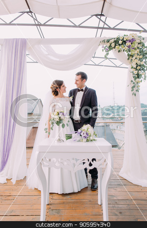 To use this stock image in your creative project, please select the size you need over to the right and click the "Add to Cart" button.
Your downloaded image will come with the Cutcaster watermark removed so don’t worry about the watermark you see on this page. Full-length photo of the happy newlyweds standing near the wedding arch. stock photo, Full-length photo of the happy newlyweds standing near the wedding arch by Andrii Kobryn