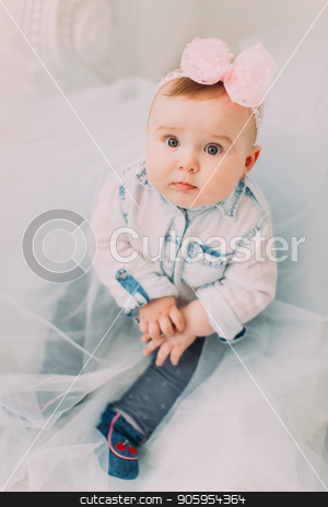 To use this stock image in your creative project, please select the size you need over to the right and click the "Add to Cart" button.
Your downloaded image will come with the Cutcaster watermark removed so don’t worry about the watermark you see on this page. The above portrait of the little baby with the pink bow on the head sitting on the floor with the tulle. stock photo, The above portrait of the little baby with the pink bow on the head sitting on the floor with the tulle by Andrii Kobryn