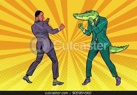 To use this stock image in your creative project, please select the size you need over to the right and click the "Add to Cart" button.
Your downloaded image will come with the Cutcaster watermark removed so don’t worry about the watermark you see on this page. Businessman Boxing with a crocodile stock vector clipart, Businessman Boxing with a crocodile. Pop art retro vector illustration kitsch vintage by studiostoks