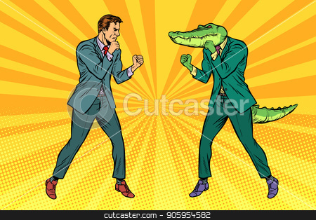 To use this stock image in your creative project, please select the size you need over to the right and click the "Add to Cart" button.
Your downloaded image will come with the Cutcaster watermark removed so don’t worry about the watermark you see on this page. Man Boxing fights with crocodile reptiloid stock vector clipart, Man Boxing fights with crocodile reptiloid. Pop art retro vector illustration kitsch vintage by studiostoks