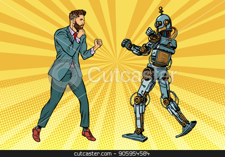 To use this stock image in your creative project, please select the size you need over to the right and click the "Add to Cart" button.
Your downloaded image will come with the Cutcaster watermark removed so don’t worry about the watermark you see on this page. Businessman fighting with a robot stock vector clipart, Businessman fighting with a robot. Pop art retro vector illustration kitsch vintage by studiostoks