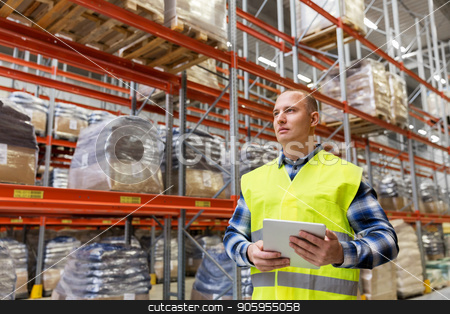 To use this stock image in your creative project, please select the size you need over to the right and click the "Add to Cart" button.
Your downloaded image will come with the Cutcaster watermark removed so don’t worry about the watermark you see on this page. manual worker with tablet pc at warehouse stock photo, logistic business, technology, shipment and people concept - man or manual worker with tablet pc at warehouse by Syda Productions