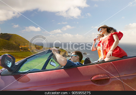 To use this stock image in your creative project, please select the size you need over to the right and click the "Add to Cart" button.
Your downloaded image will come with the Cutcaster watermark removed so don’t worry about the watermark you see on this page. friends driving in convertible car over big sur stock photo, summer holidays, road trip and travel concept - happy friends driving in convertible car over big sur coast of california background by Syda Productions
