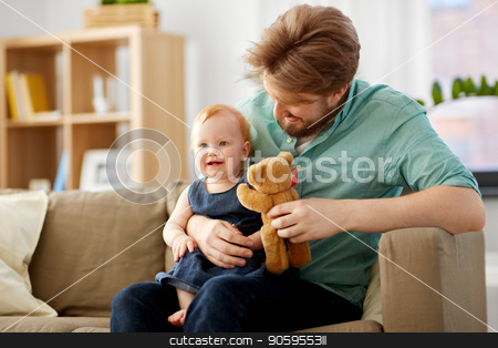 To use this stock image in your creative project, please select the size you need over to the right and click the "Add to Cart" button.
Your downloaded image will come with the Cutcaster watermark removed so don’t worry about the watermark you see on this page. father and baby daughter with teddy bear at home stock photo, family, fatherhood and people concept - happy red haired father and little baby daughter playing with teddy bear at home by Syda Productions