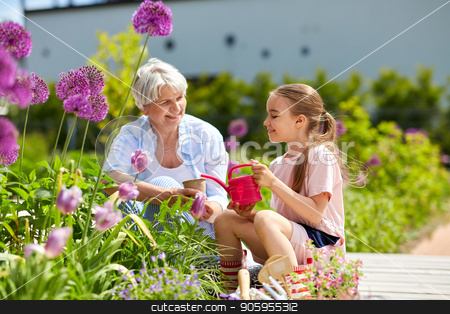 To use this stock image in your creative project, please select the size you need over to the right and click the "Add to Cart" button.
Your downloaded image will come with the Cutcaster watermark removed so don’t worry about the watermark you see on this page. grandmother and girl planting flowers at garden stock photo, gardening, family and people concept - happy grandmother and granddaughter planting flowers at summer garden by Syda Productions