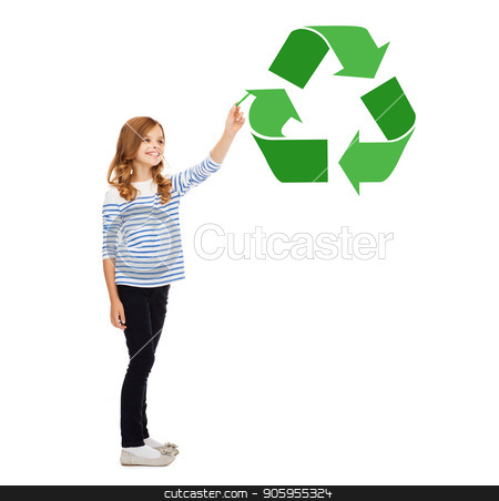 To use this stock image in your creative project, please select the size you need over to the right and click the "Add to Cart" button.
Your downloaded image will come with the Cutcaster watermark removed so don’t worry about the watermark you see on this page. girl with marker pointing to green recycle symbol stock photo, waste recycling, reuse, environment and ecology concept - happy girl with marker pointing to green recycle symbol over white background by Syda Productions