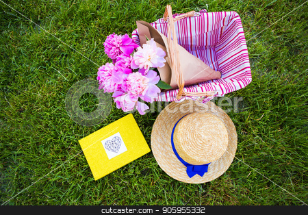 To use this stock image in your creative project, please select the size you need over to the right and click the "Add to Cart" button.
Your downloaded image will come with the Cutcaster watermark removed so don’t worry about the watermark you see on this page. Picnic on nature stock photo, Beautiful flowers in a basket and yellow album lie on the grass-bright picnic by Sergiy Artsaba
