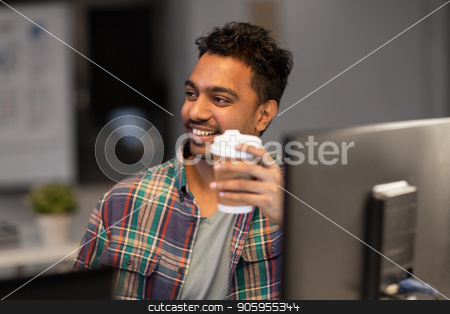To use this stock image in your creative project, please select the size you need over to the right and click the "Add to Cart" button.
Your downloaded image will come with the Cutcaster watermark removed so don’t worry about the watermark you see on this page. happy creative man drinking coffee at night office stock photo, deadline and people concept - smiling creative man working and drinking coffee at night office by Syda Productions