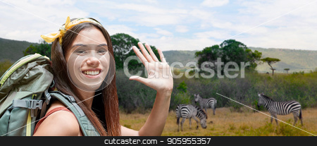 To use this stock image in your creative project, please select the size you need over to the right and click the "Add to Cart" button.
Your downloaded image will come with the Cutcaster watermark removed so don’t worry about the watermark you see on this page. happy woman with backpack over savannah stock photo, adventure, travel, tourism, hike and people concept - smiling young woman with backpack over zebras in african savannah background by Syda Productions