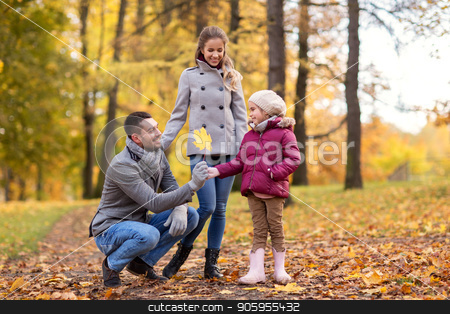 To use this stock image in your creative project, please select the size you need over to the right and click the "Add to Cart" button.
Your downloaded image will come with the Cutcaster watermark removed so don’t worry about the watermark you see on this page. happy family with maple leaf at autumn park stock photo, family, season and people concept - happy mother, father and little daughter with maple leaf at autumn park by Syda Productions
