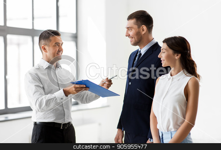 To use this stock image in your creative project, please select the size you need over to the right and click the "Add to Cart" button.
Your downloaded image will come with the Cutcaster watermark removed so don’t worry about the watermark you see on this page. realtor showing contract document to customers stock photo, real estate business, sale and people concept - male realtor with clipboard and pen showing contract document to customers at new office room by Syda Productions