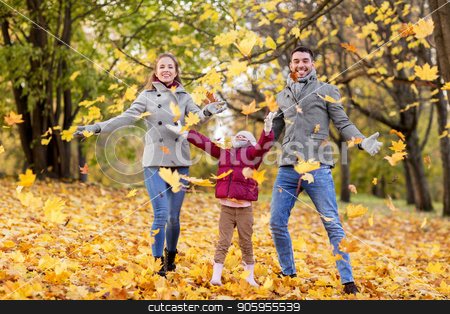 To use this stock image in your creative project, please select the size you need over to the right and click the "Add to Cart" button.
Your downloaded image will come with the Cutcaster watermark removed so don’t worry about the watermark you see on this page. happy family playing with autumn leaves at park stock photo, family, season and people concept - happy mother, father and little daughter playing with autumn leaves at park by Syda Productions
