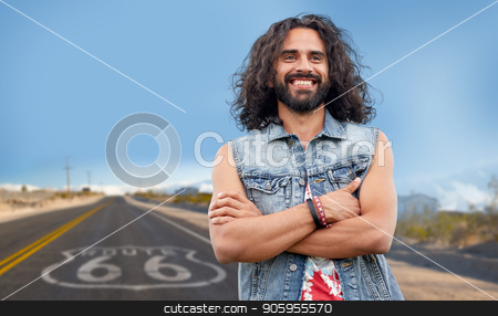 To use this stock image in your creative project, please select the size you need over to the right and click the "Add to Cart" button.
Your downloaded image will come with the Cutcaster watermark removed so don’t worry about the watermark you see on this page. smiling hippie man in denim vest over us route 66 stock photo, subculture, youth culture and people concept - smiling young hippie man in denim vest over us route 66 background by Syda Productions