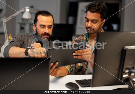 To use this stock image in your creative project, please select the size you need over to the right and click the "Add to Cart" button.
Your downloaded image will come with the Cutcaster watermark removed so don’t worry about the watermark you see on this page. creative team with tablet pc working at office stock photo, deadline, technology and people concept - creative team with tablet pc computer working together late at night office by Syda Productions