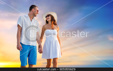 To use this stock image in your creative project, please select the size you need over to the right and click the "Add to Cart" button.
Your downloaded image will come with the Cutcaster watermark removed so don’t worry about the watermark you see on this page. happy couple on vacation walking holding hands stock photo, love, summer and relationships concept - happy couple on vacation wearing sunglasses and walking holding hands over evening sky background by Syda Productions