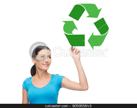 To use this stock image in your creative project, please select the size you need over to the right and click the "Add to Cart" button.
Your downloaded image will come with the Cutcaster watermark removed so don’t worry about the watermark you see on this page. happy woman drawing green recycle symbol stock photo, waste recycling, reuse, environment and ecology concept - happy woman drawing green recycle symbol over white background by Syda Productions