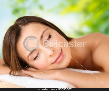 To use this stock image in your creative project, please select the size you need over to the right and click the "Add to Cart" button.
Your downloaded image will come with the Cutcaster watermark removed so don’t worry about the watermark you see on this page. close up of beautiful woman at spa stock photo, wellness, spa and beauty concept - close up of beautiful woman over green natural background by Syda Productions