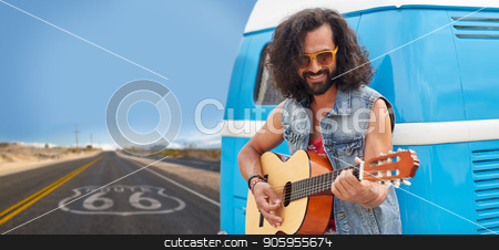 To use this stock image in your creative project, please select the size you need over to the right and click the "Add to Cart" button.
Your downloaded image will come with the Cutcaster watermark removed so don’t worry about the watermark you see on this page. hippie man playing guitar at minivan on route 66 stock photo, road trip, travel and music concept - hippie man playing guitar and singing at minivan car over us route 66 background by Syda Productions